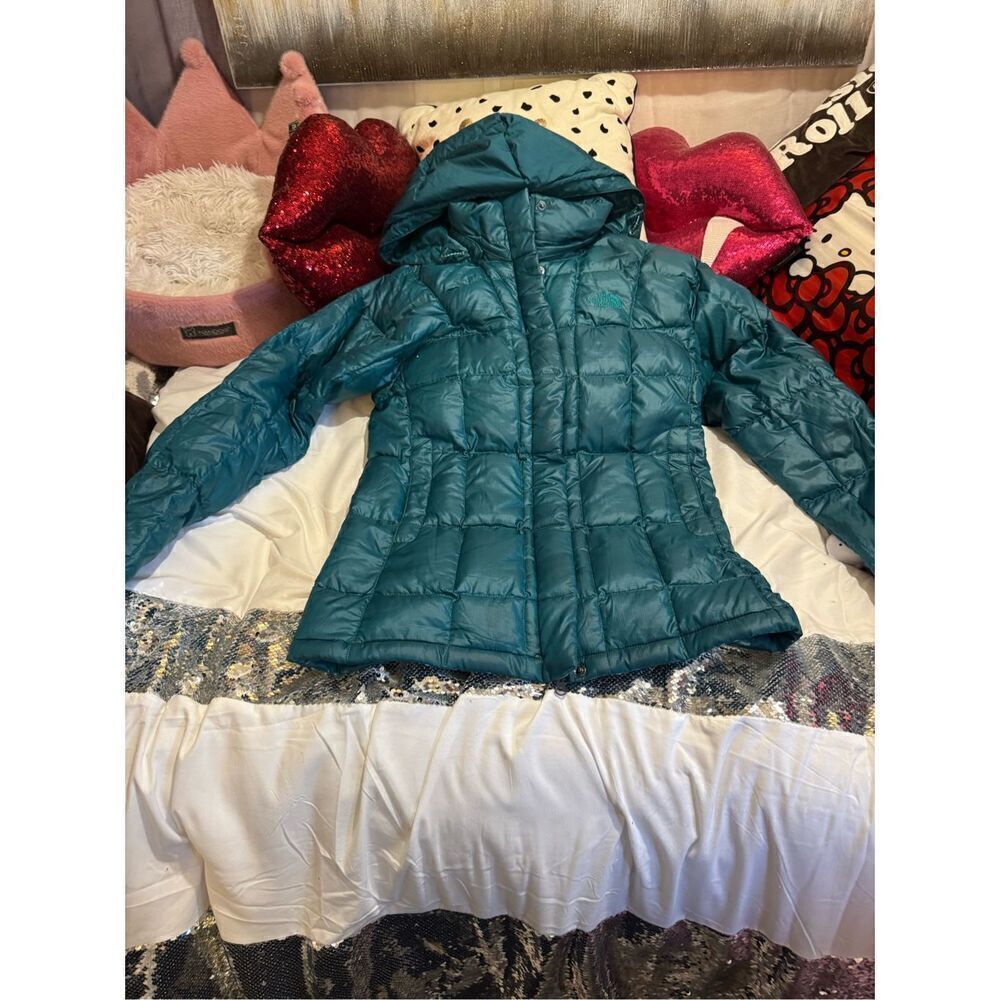 The north face shiny teal blue green 600M down hooded jacket/coat parka XS - Picture 5 of 12